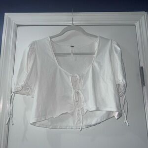 Free People White Tie-Front Cropped Puff Sleeve Top